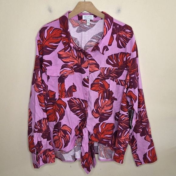 NWT Sofia Vergara Jeans | Linen Blend Tie Front Button Up Shirt Size 2X - Picture 1 of 7